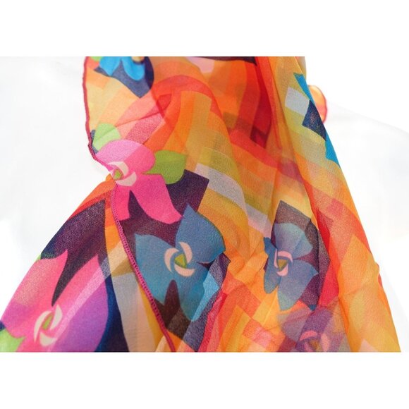Unique Vintage Accessories - Day Glo Mod Floral Scarf Sheer Geometric Pink Blue Flowers Orange Yellow Red